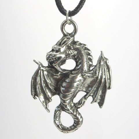 Flying Dragon Pewter Pendant Necklace - Amphiptere Style Flying Dragon Pewter Pendant Necklace - Amphiptere Style