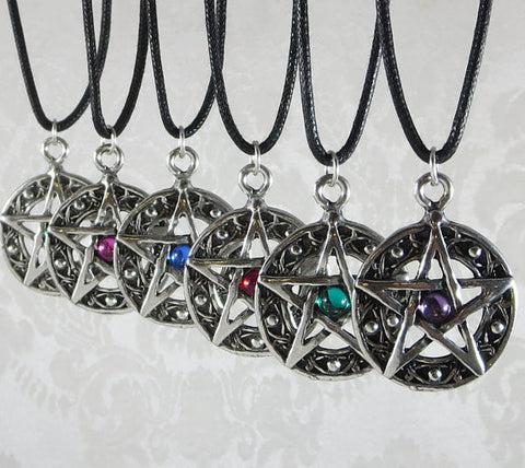 Pewter Pentacle with Assorted Crystal Cabochon Pendant Necklace Pewter Pentacle with Assorted Crystal Cabochon Pendant Necklace