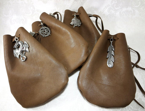Brown Leather Drawstring Pouch, Dice Bag with Pewter Accent