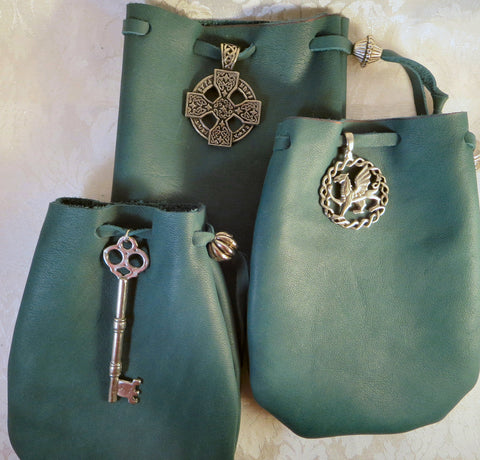 Green Leather Drawstring Pouch