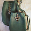 Green Leather Drawstring Pouch with Pewter Accent